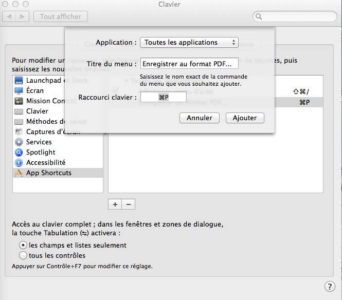 Enregistrer au format PDF... raccourci Mac OS