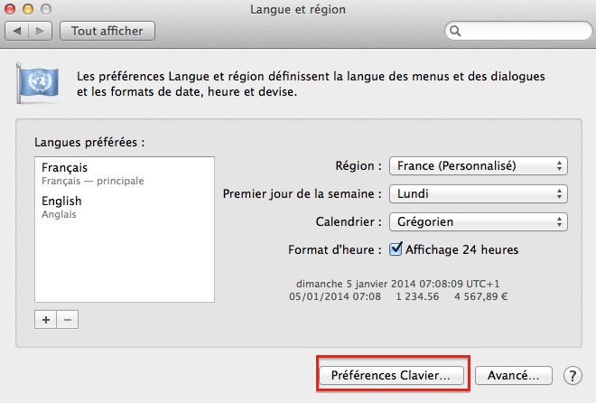 Préférences Clavier Mac OS X